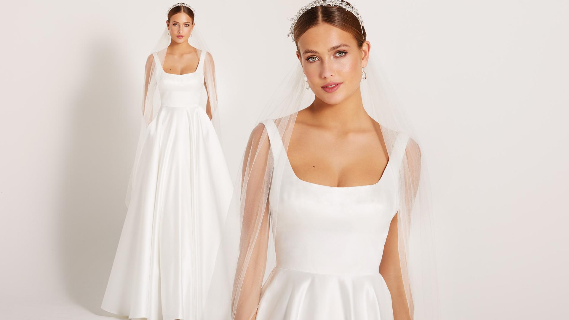 Cleanes Satin-Brautkleid mit Karree-Ausschnitt in weiter A-Linie