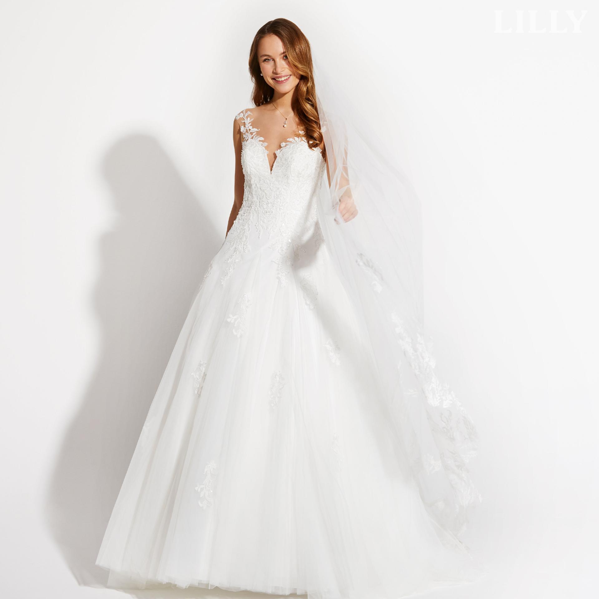 Elegantes LILLY Brautkleid mit Trägern und Rock in A-Linie mit Schleppe.